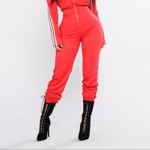 Fashion Nova Red Terry Running Errands Stripe Trim Jumpsuit Size Small - Picture 4 of 13